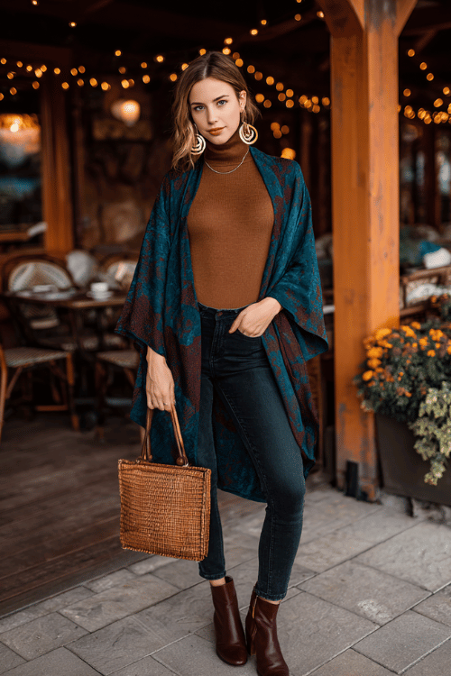 a woman in dark skinny jeans paired with an oversized flowing kimono in deep jewel tones of teal and burgundy, layered over a simple fitted camel turtleneck
