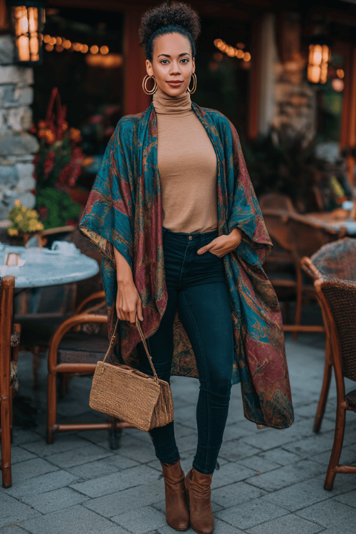 a woman in dark skinny jeans paired with an oversized flowing kimono in deep jewel tones of teal and burgundy, layered over a simple fitted camel turtleneck