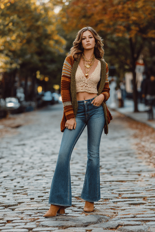 a woman in high-waisted flared jeans in medium blue wash paired with a cropped crochet top in warm cream, layered with an oversized patchwork cardigan in earthy rust and olive tones