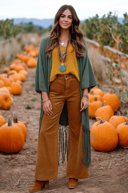 a woman in high-waisted wide-leg jeans in a warm caramel brown wash paired with a slouchy mustard yellow knit sweater tucked in at the front, draped with a long tassel kimono