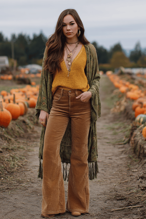 a woman in high-waisted wide-leg jeans in a warm caramel brown wash paired with a slouchy mustard yellow knit sweater tucked in at the front