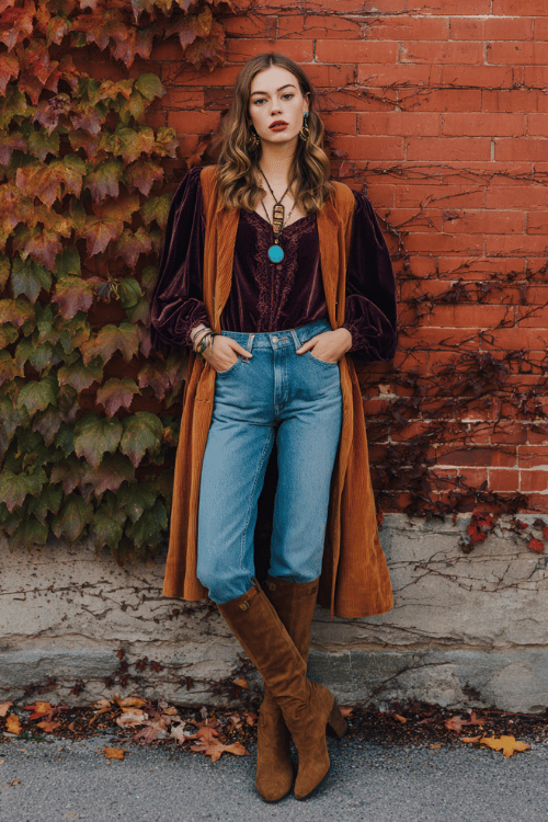a woman in straight-leg medium wash jeans paired with a deep plum velvet blouse with puffed sleeves and lace detailing, layered with a long patchwork coat