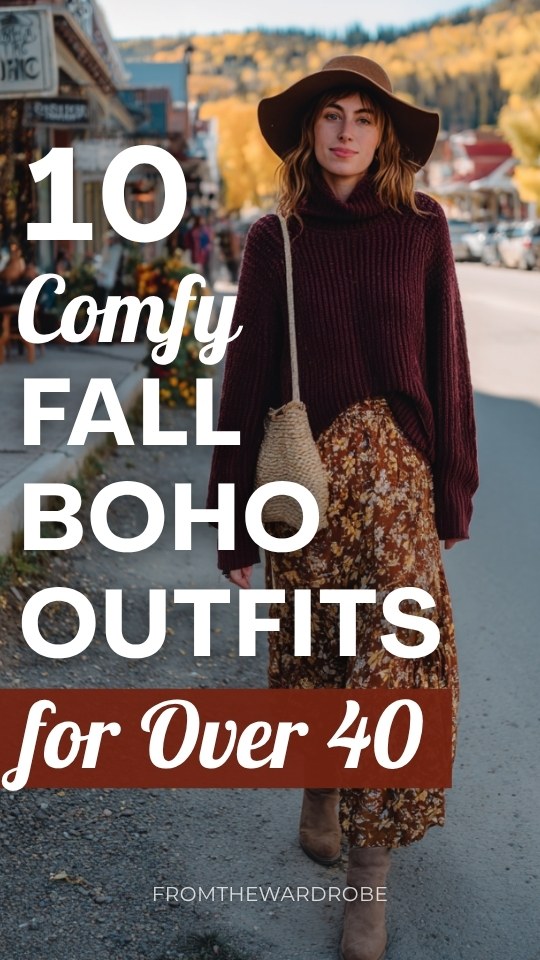 a woman over 40 in a comfy fall boho outfit with a turtleneck sweater in deep burgundy paired with a flowy maxi skirt in warm earthy florals and a floppy wide-brim felt hat
