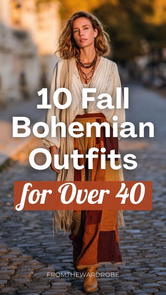 a woman over 40 wearing a fall boho outfit with a loose embroidered linen blouse in warm ivory tucked into a long patchwork skirt in rich terracotta and rust tones