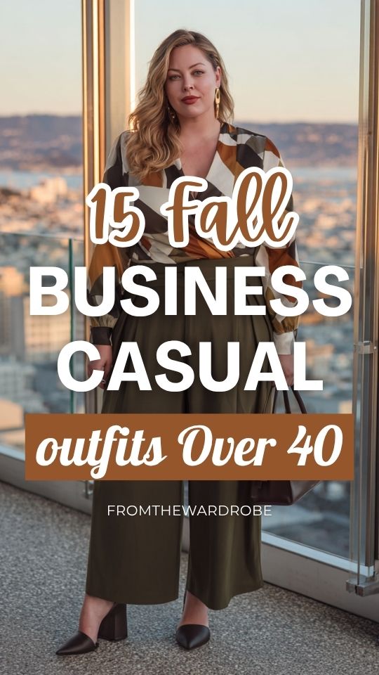 a woman over 40 wearing a fall business casual outfit with a bold geometric print wrap blouse, trousers in deep forest green, layered with a fitted black longline blazer