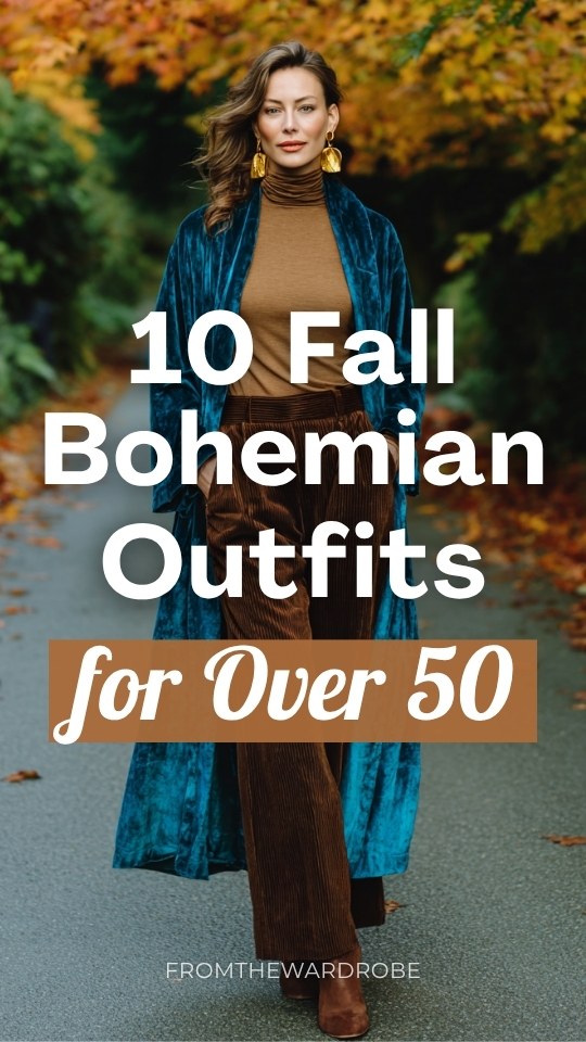 a woman over 50 wearing a fall boho outfit a richly textured velvet kimono coat in deep jewel tones of teal and plum over a simple fitted camel turtleneck and wide-leg trousers