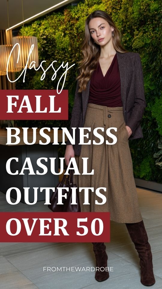a woman over 50 wearing a fall business casual outfit with a wrap blouse, a pleated midi skirt, layered with a fitted charcoal grey blazer