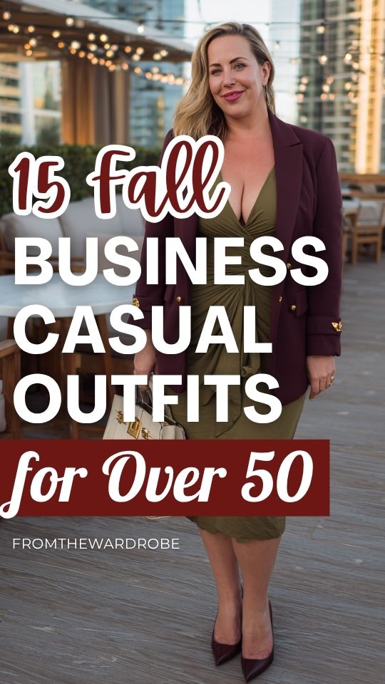 a woman over 50 wearing a fall business casual outfit with an olive green midi wrap dress, layered with a tailored burgundy blazer