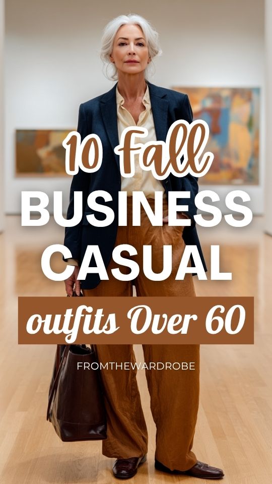 a woman over 60 wearing a fall business casual outfit with a navy blazer over a cream silk blouse and wide-leg trousers in warm caramel