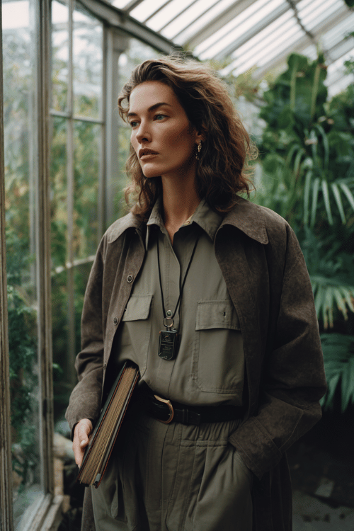 a woman wandering through a centuries-old greenhouse filled with rare botanical specimens