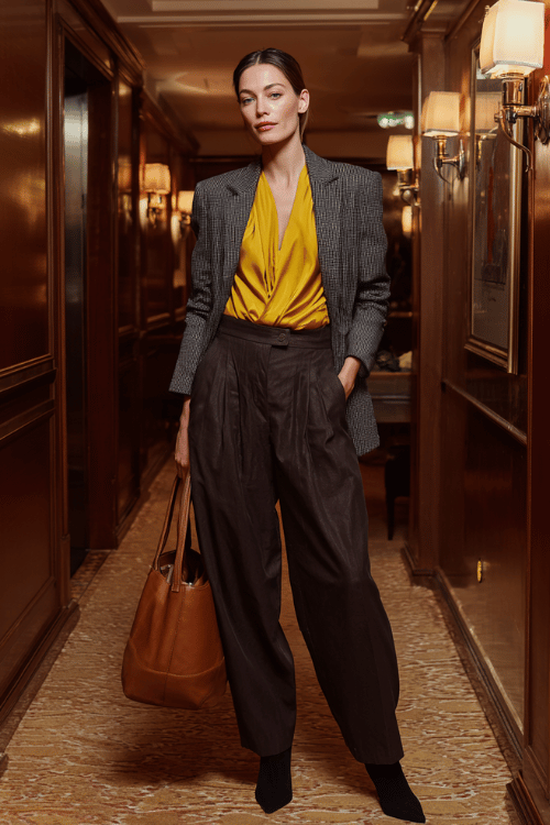 a woman wearing a bold mustard yellow wrap blouse tucked into high-waisted wide-leg trousers in rich espresso brown, layered with a longline charcoal grey blazer with subtle pinstripe