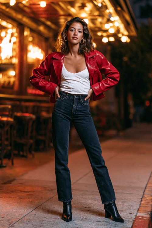 a woman wearing a bold red cropped leather jacket over a white ribbed fitted top, high-waisted straight dark indigo jeans, and black heeled ankle boots, gold hoop earrings