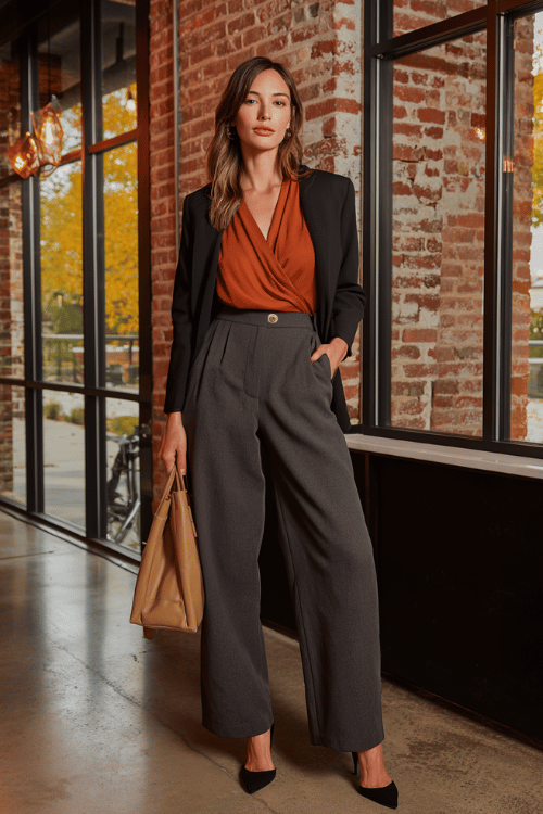 a woman wearing a bold rust-orange wrap blouse tucked into tailored wide-leg trousers in deep charcoal, layered with a fitted black blazer with structured shoulders