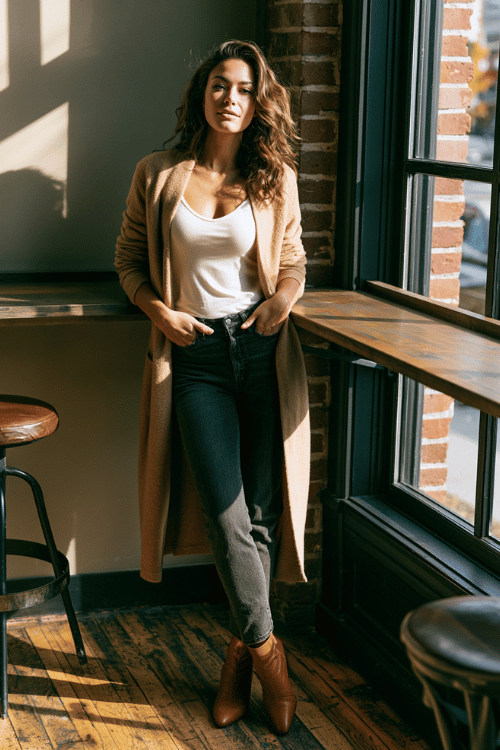 a woman wearing a camel-toned longline cardigan over a white fitted tank top, straight dark wash jeans, and cognac brown ankle boots, standing near a window-side bar 