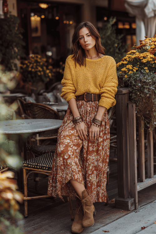 a woman wearing a casual boho ensemble a slouchy mustard yellow knit sweater layered over a long floral printed skirt in warm spice tones accessorized with a simple leather belt