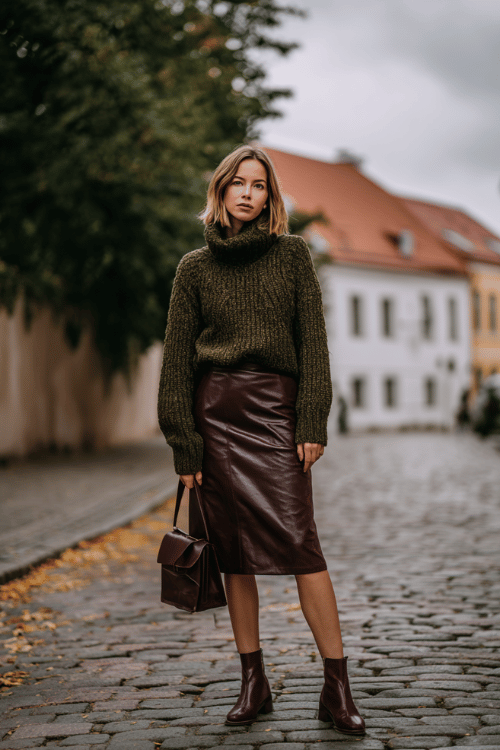 a woman wearing a chunky knit turtleneck sweater in warm dark olive paired with tailored midi skirt in rich burgundy leather, flat ankle boots in dark cognac, and a structured leather shoulder bag