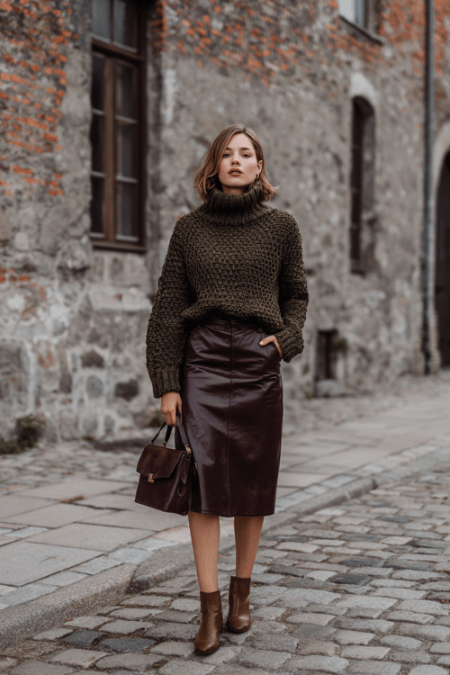 a woman wearing a chunky knit turtleneck sweater in warm dark olive paired with tailored midi skirt in rich burgundy leather, flat ankle boots in dark cognac