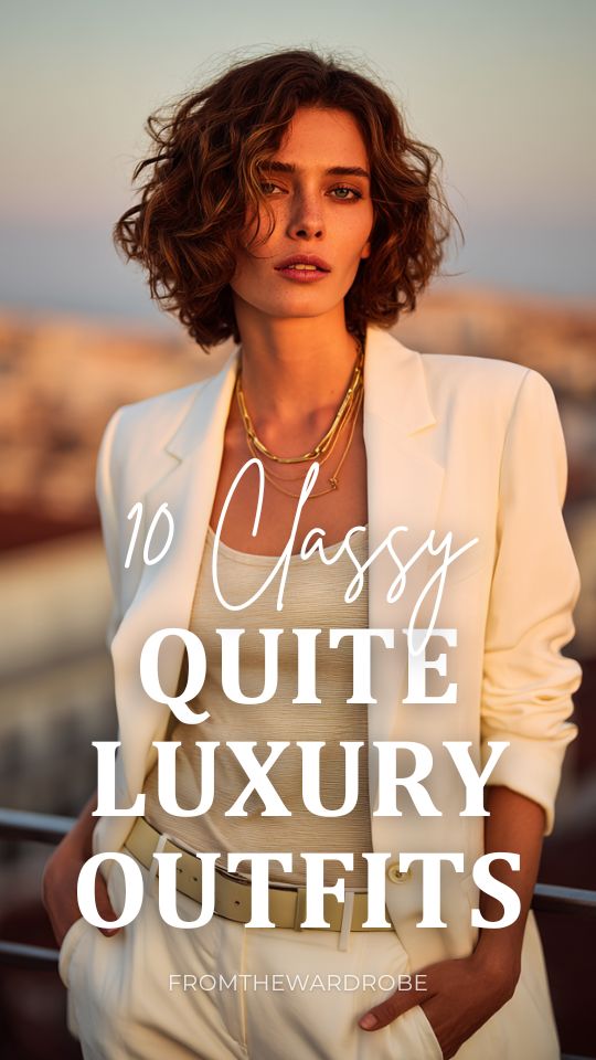 a woman wearing a classy quite luxury outfit with a structured off-white wool blazer over a light beige knit top and slim-fit cream trousers, accessorized with a thin gold chain necklace and leather belt