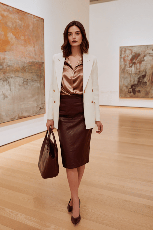 a woman wearing a copper-toned satin blouse with elegant draping tucked into a tailored pencil skirt in rich burgundy, layered with a fitted ivory double-breasted blazer with subtle gold accents