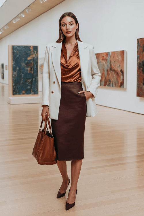 a woman wearing a copper-toned satin blouse with elegant draping tucked into a tailored pencil skirt in rich burgundy, layered with a fitted ivory double-breasted blazer