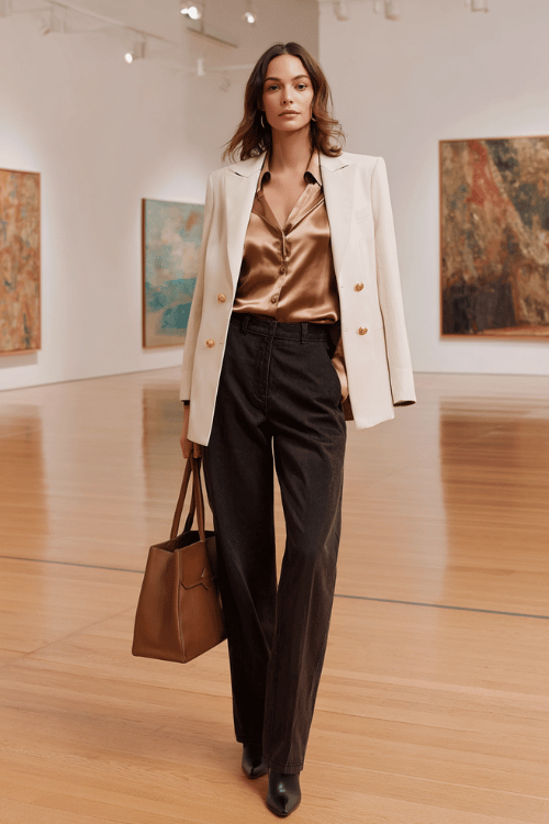 a woman wearing a copper-toned satin blouse with elegant draping tucked into high-waisted wide-leg dark wash trousers, layered with a fitted ivory double-breasted blazer 