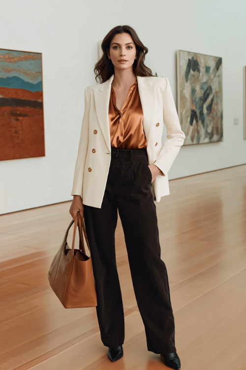 a woman wearing a copper-toned satin blouse with elegant draping tucked into high-waisted wide-leg dark wash trousers, layered with a fitted ivory double-breasted blazer 