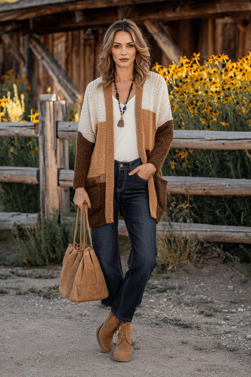 a woman wearing a cozy earth-toned patchwork cardigan over a simple white fitted tee and straight-leg dark wash jeans, styled with a beaded necklace, a slouchy suede shoulder bag 