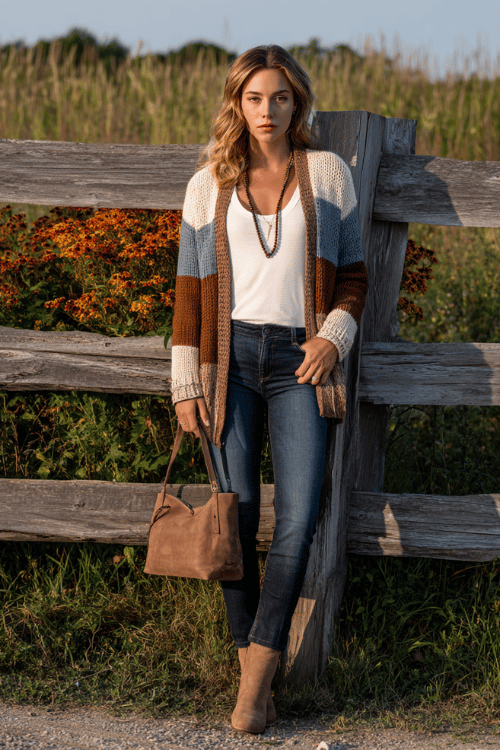 a woman wearing a cozy earth-toned patchwork cardigan over a simple white fitted tee and straight-leg dark wash jeans, styled with a beaded necklace, a slouchy suede shoulder bag