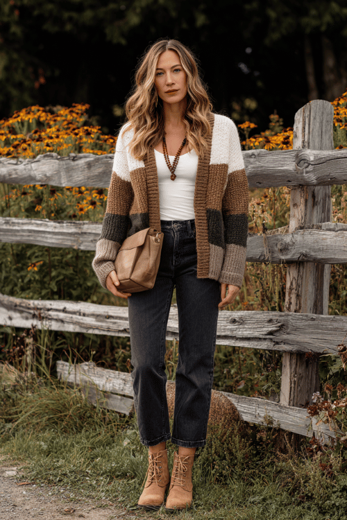 a woman wearing a cozy earth-toned patchwork cardigan over a simple white fitted tee and straight-leg dark wash jeans, styled with a beaded necklace