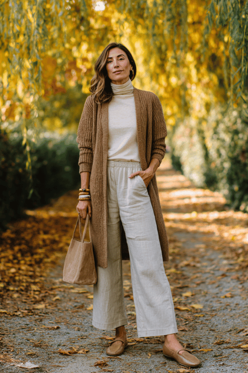 a woman wearing a cozy longline open-front cardigan in warm camel over a simple fitted turtleneck in cream and relaxed wide-leg linen trousers in dusty sage