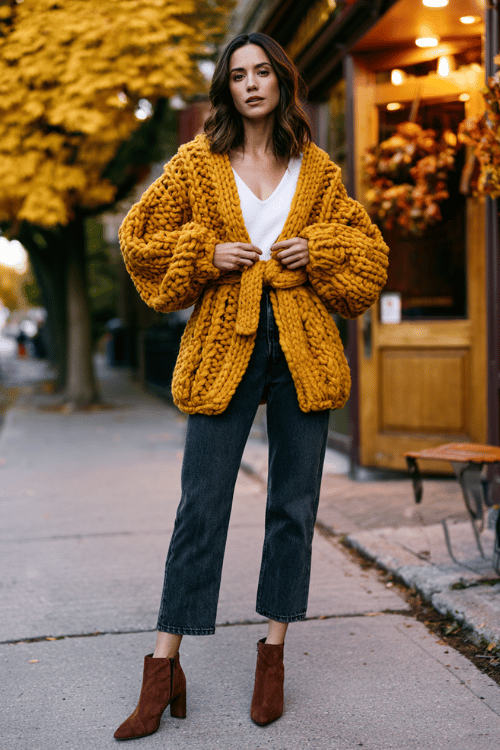 a woman wearing a cozy oversized mustard yellow cardigan belted at the waist over a white fitted long-sleeve top, straight-leg dark wash jeans, and brown suede heeled ankle boots