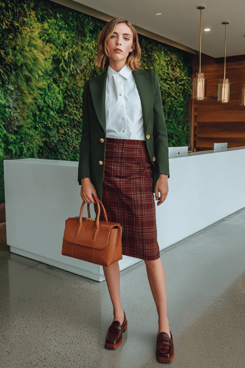 a woman wearing a crisp white fitted button-down shirt tucked into a high-waisted midi skirt in bold burgundy and camel plaid, layered with a tailored forest green blazer