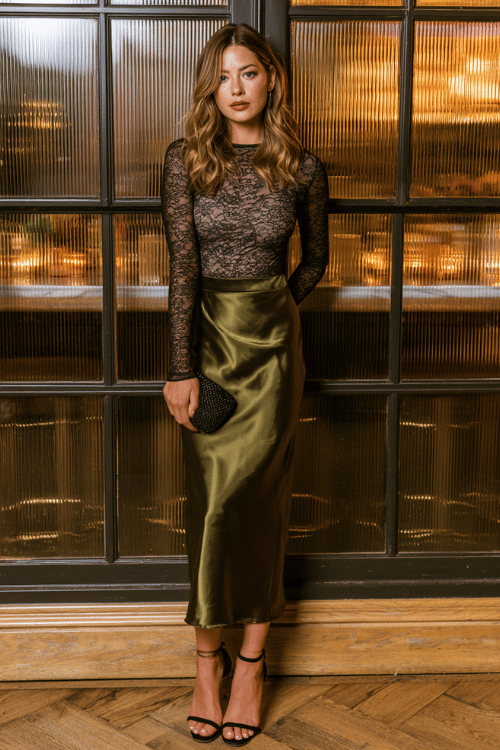 a woman wearing a dark olive green satin midi slip skirt and a fitted black lace long-sleeve top, black ankle strap heels and a small beaded clutch