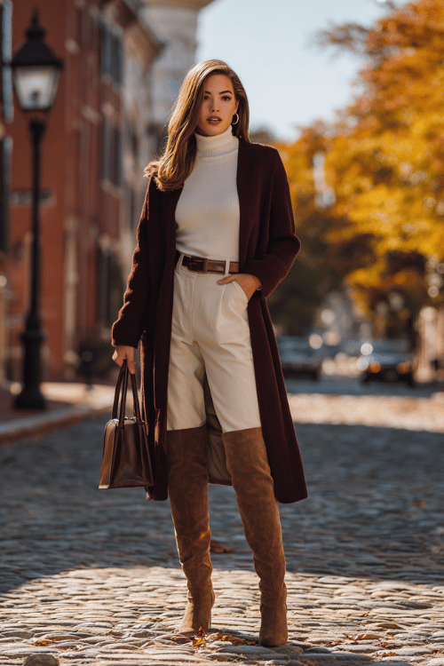 a woman wearing a deep wine-colored longline cardigan belted at the waist over a crisp white fitted turtleneck and tailored straight-leg trousers in warm camel 