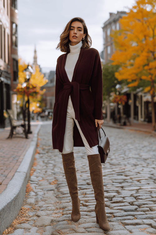 a woman wearing a deep wine-colored longline cardigan belted at the waist over a crisp white fitted turtleneck and tailored straight-leg trousers in warm camel