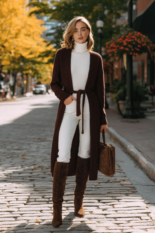 a woman wearing a deep wine-colored longline cardigan belted at the waist over a white fitted turtleneck tucked into straight-leg medium wash jeans, finished with over-the-knee boots