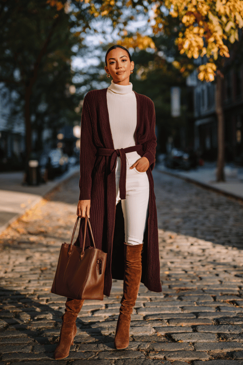 a woman wearing a deep wine-colored longline cardigan belted at the waist over a white fitted turtleneck tucked into straight-leg medium wash jeans