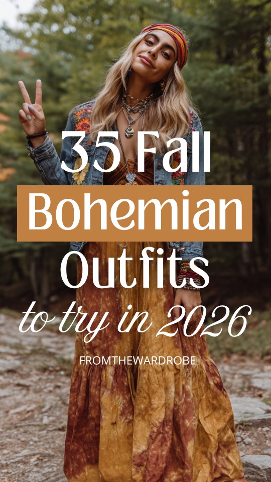 a woman wearing a fall boho outfit with a maxi dress, layered with a cropped denim jacket adorned with embroidered floral patches