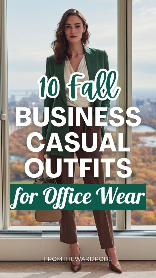 a woman wearing a fall business casual outfit for office wear with a rich emerald green wrap blazer over a soft ivory silk blouse tucked into tailored straight-leg trousers