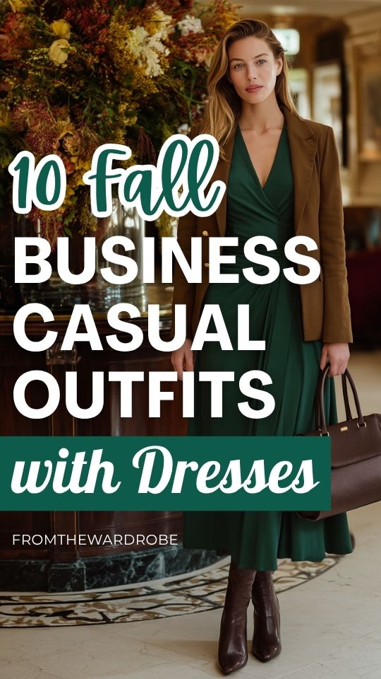 a woman wearing a fall business casual outfit with a dress, layered with a tailored camel blazer