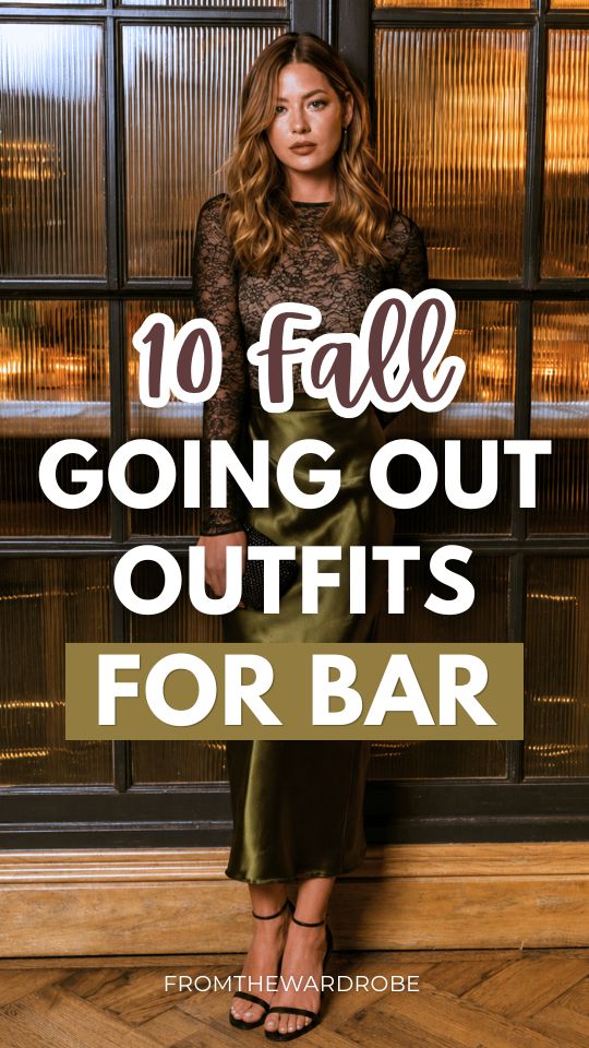 a woman wearing a fall going out outfit for the bar with a dark olive green satin midi slip skirt and a fitted black lace long-sleeve top, black ankle strap heels (2)
