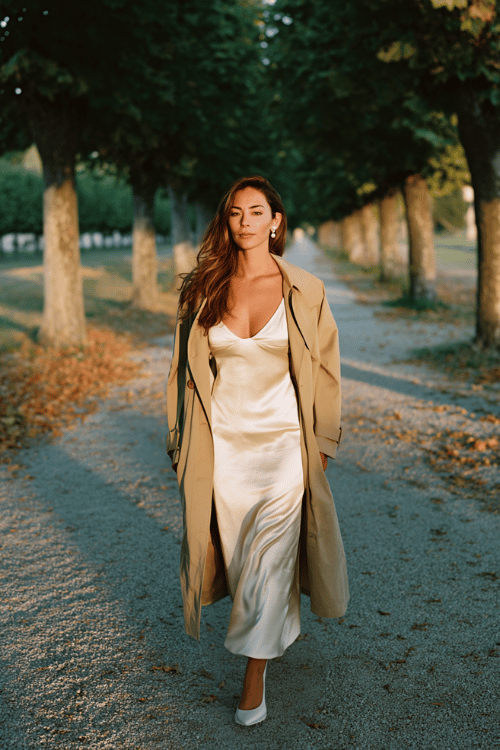 a woman wearing a floor-length silk slip dress in champagne, layered with a lightweight beige trench coat, delicate pearl earrings, walking along a tree-lined boulevard in autumn 