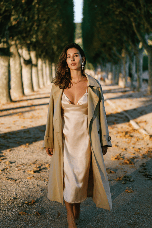 a woman wearing a floor-length silk slip dress in champagne, layered with a lightweight beige trench coat, delicate pearl earrings, walking along a tree-lined boulevard in autumn