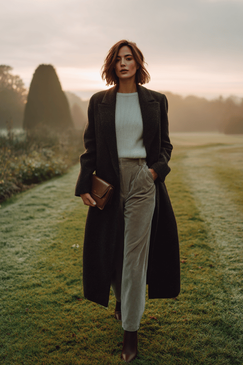 a woman wearing a floor-length wool wrap coat in deep charcoal over a fine-knit cream sweater and tailored straight-leg trousers in warm stone, paired with pointed-toe ankle boots