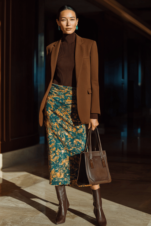 a woman wearing a flowy printed midi skirt in warm ochre and forest green tones paired with a fitted ribbed turtleneck in chocolate brown, layered with a tailored longline blazer