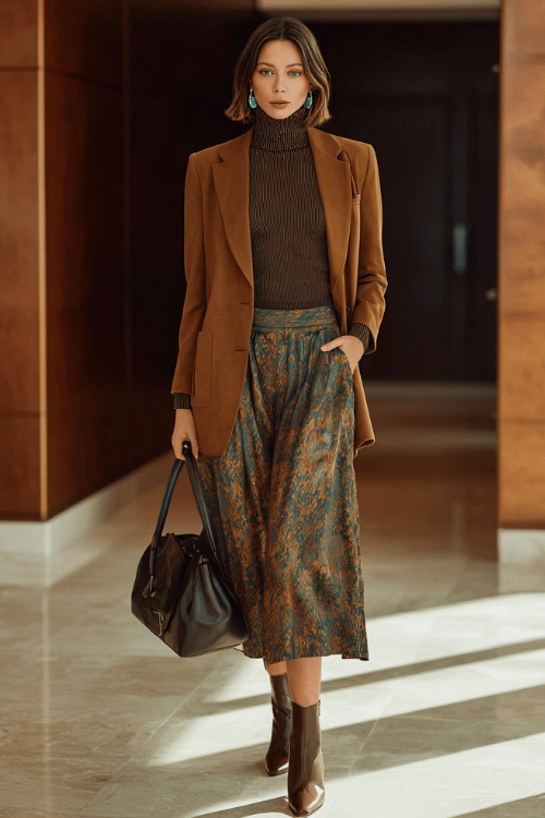 a woman wearing a flowy printed midi skirt in warm ochre and forest green tones paired with a fitted ribbed turtleneck in chocolate brown