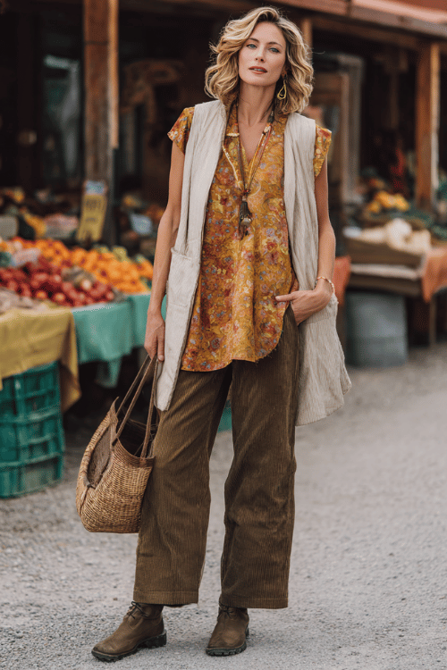 a woman wearing a loose flowy printed blouse in warm spice and ochre tones tucked casually into relaxed straight-leg corduroy trousers in deep olive