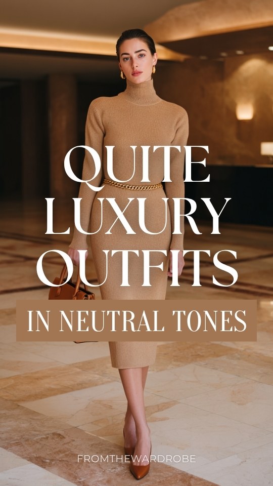 a woman wearing a neutral quite luxury outfit with a long-sleeve midi dress in soft camel cashmere with a subtle turtleneck collar and a gently fitted silhouette, accessorized with a slim gold chain belt at the waist