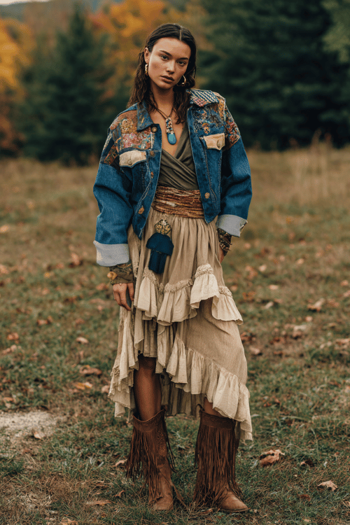 a woman wearing a patchwork denim jacket adorned with floral patches over a tiered cream chiffon midi skirt in earthy tones, paired with a woven belt, turquoise pendant necklac