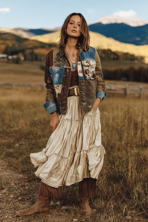 a woman wearing a patchwork denim jacket adorned with floral patches over a tiered cream chiffon midi skirt in earthy tones, paired with a woven belt, turquoise pendant necklace